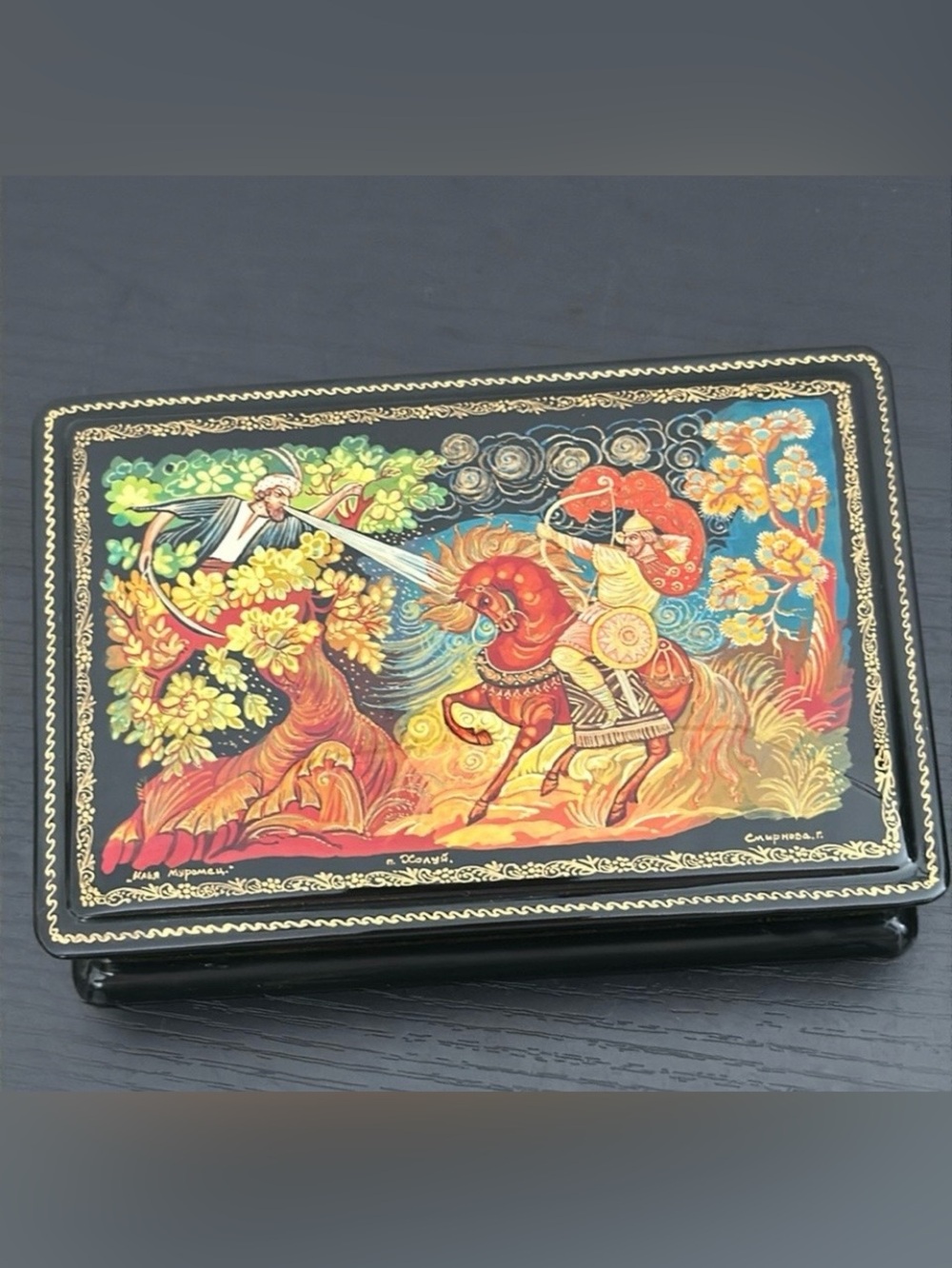 Russian Kholuy Lacquer Box Ilya Muromets Hand Painted VTG Signed Smirnova Art
